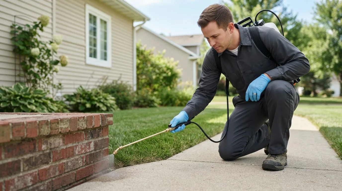Pest control technician treating a home near Farmington, IA