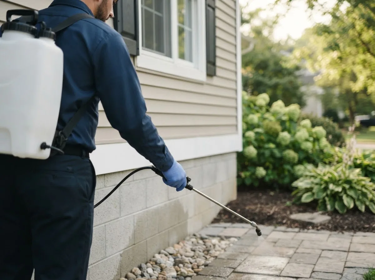 Pest control technician inspecting a home in Farmington, IA